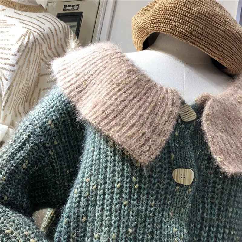 Корейский Ленивый Oaf женский кардиган с длинным рукавом Осень Зима Топы Kawaii Большой гофрированный воротник контрастный цвет вязаный кардиган свитер
