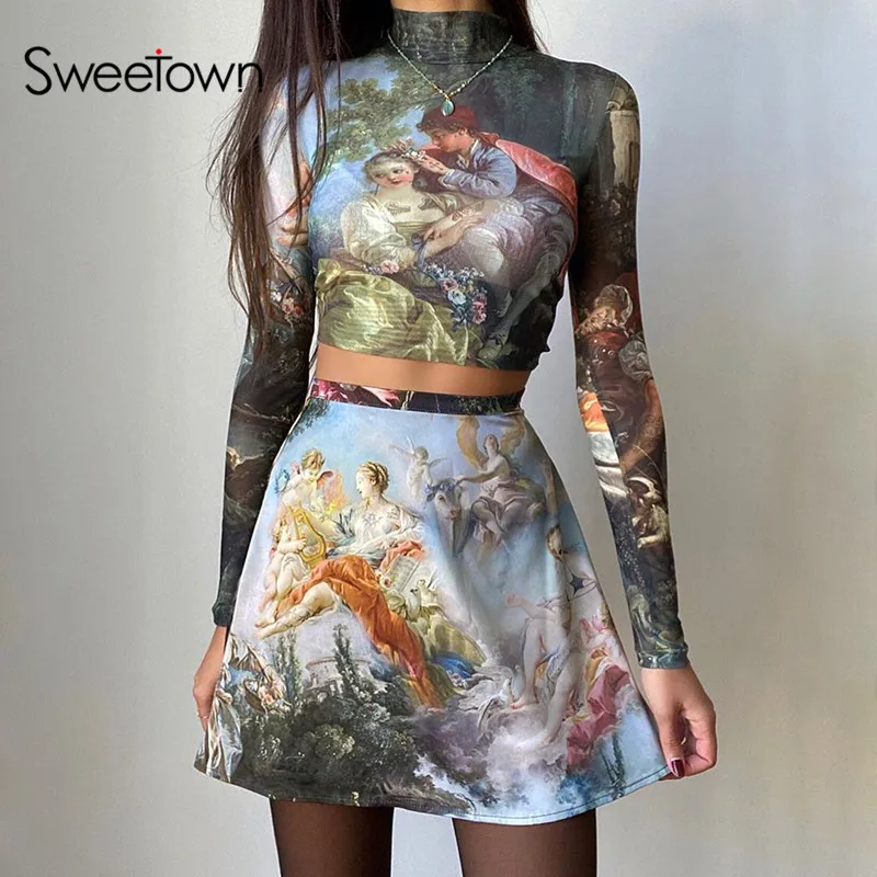 Sweetown, Весенняя Новинка, модные трапециевидные мини юбки для женщин, Европейский ретро принт, высокая талия, уличная одежда, короткая Клубная юбка