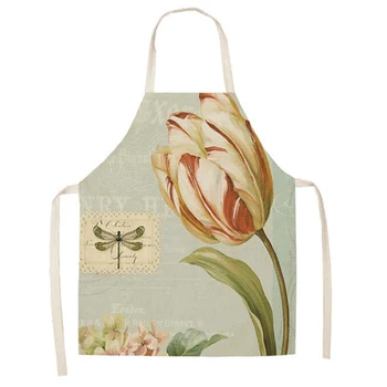 

1Pcs Flower Printed Kitchen Aprons For Women Cotton Linen Home Cooking Baking Waist Bib Pinafore Cleaning Tools 55*68cm