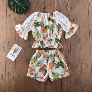 

Pudcoco Newest Fashion Toddler Baby Girl Clothes Flower Print Lace Ruffle Long Sleeve Tops Short Pants 2Pcs Outfits Cotton Set