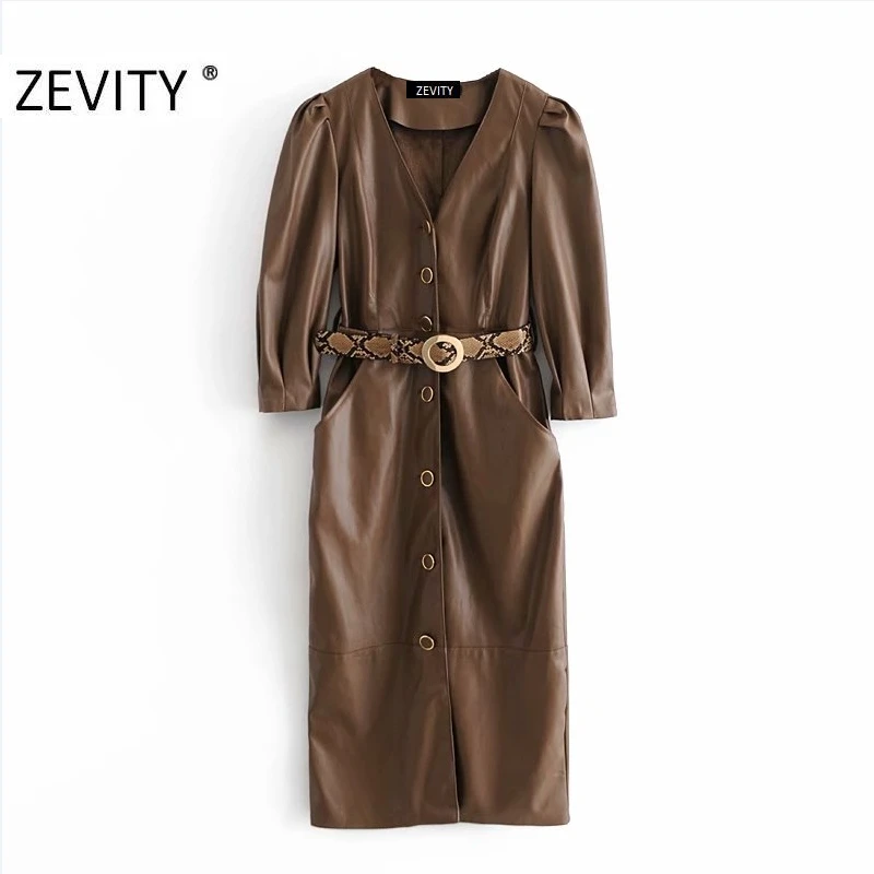 Осеннее женское модное однотонное платье-миди Zevity из искусственной кожи с
