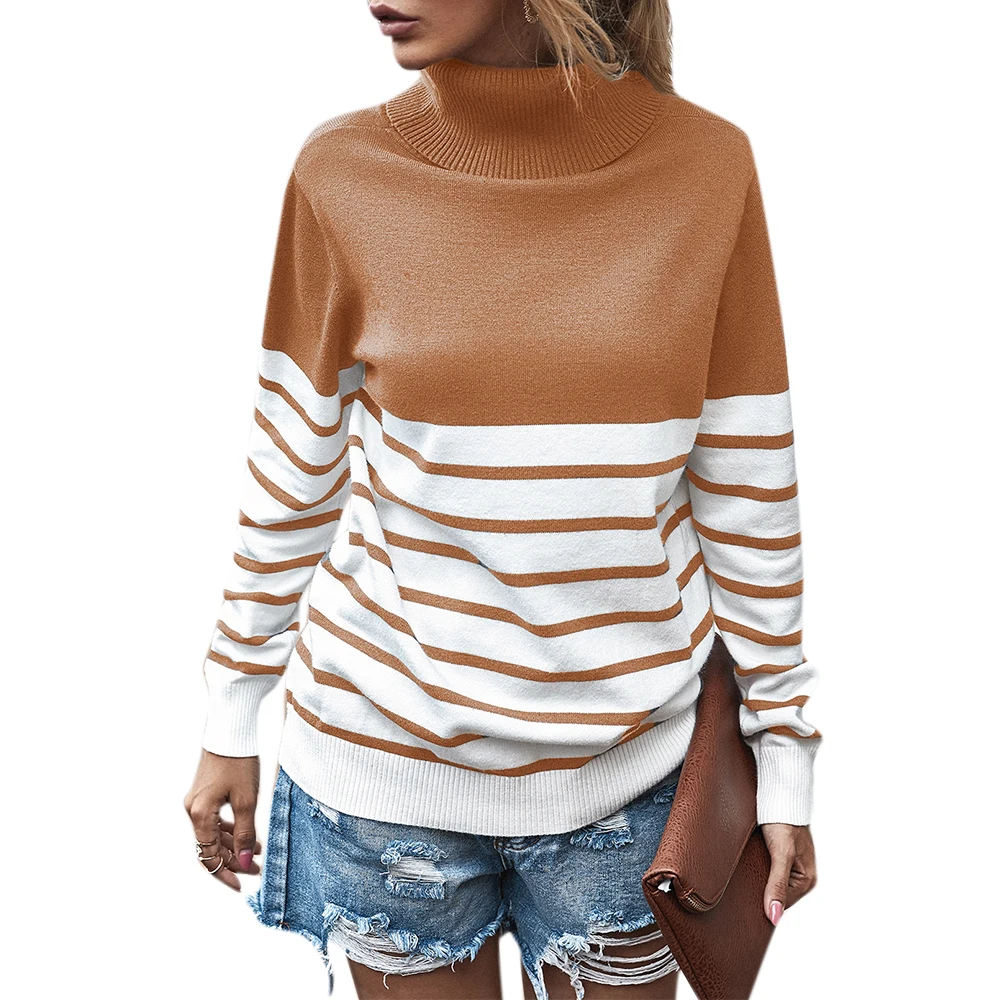 

Women's Turtleneck Sweater Long Sleeve Knitted Striped Sweater Patchwork Top Winter Clothes Women Autumn Sweater Pullovers