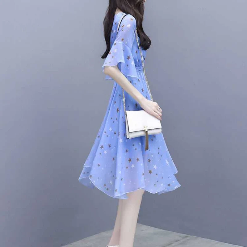 

Women's Spring Summer Sexy V-Neck Short Sleeve Star Print Dress Ladies Casual office ladies Dresses