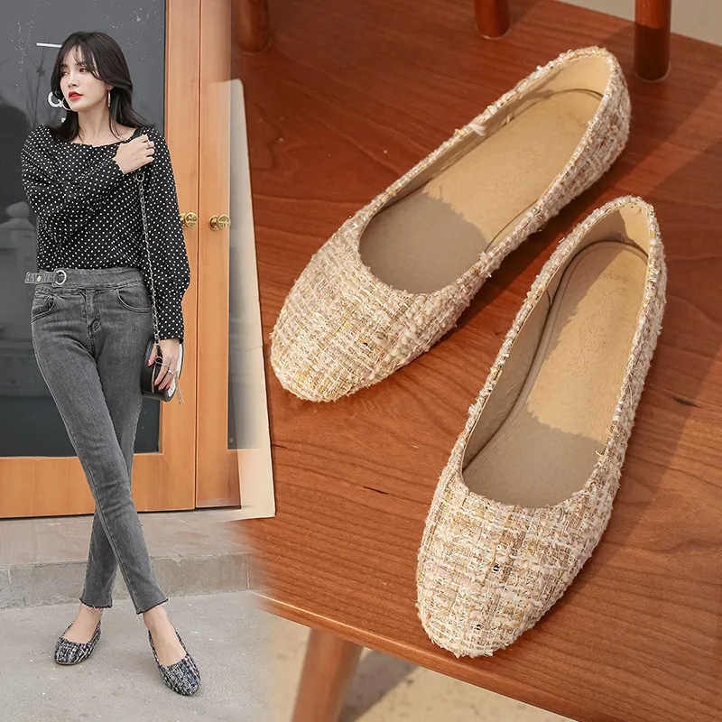 

2020 Spring New Style Flat Keel Thin Shoes Women's Color Weaving round Flat Slip-on Loafers Women's T4340