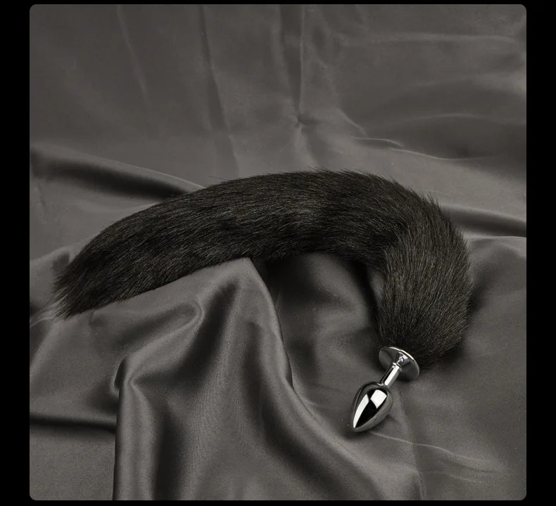 Unisex Metal Silver Anal Butt Plug with Black Fox Tail