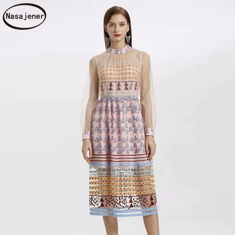 

2020 Spring And Autumn New Runway Fashion Sweet Mesh Embroidery High Waist Round Neck long Sleeve Female Mid-Length Dress