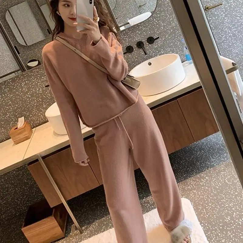 

Women Sweater Two Piece Knitted Sets Casual Tracksuit 2019 Spring Fall Hooded Sweatshirts And Long Pants Suit Female