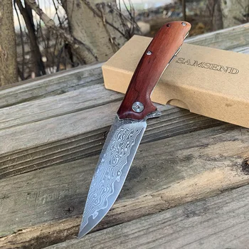 

SAMSEND Natural red sandalwood Pocket Knife Damascus Steel Outdoor knife multifunctional pocket folding knife