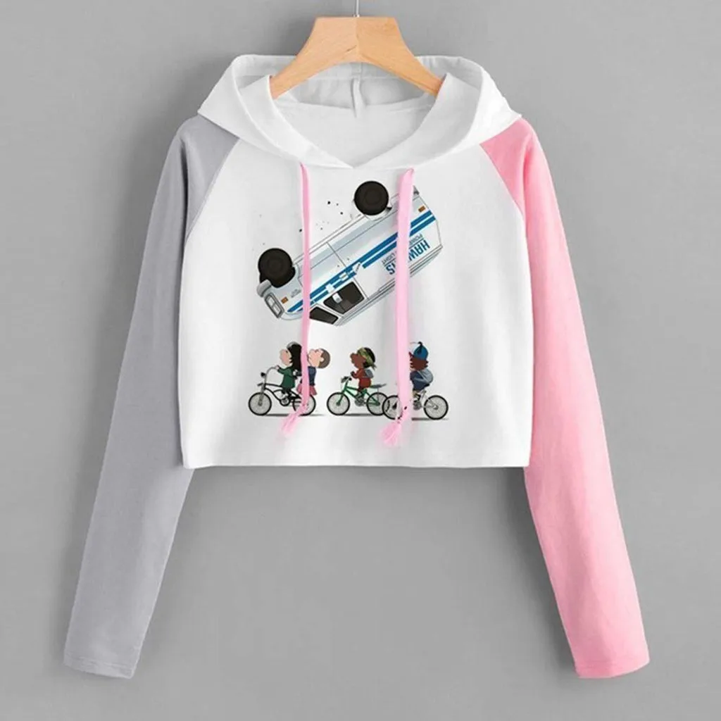 

Women Casual Long Sleeve Blouse Printed Hooded Drawstring Sweatershirt Tops