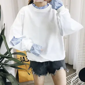 

MISSKY New Women Sweatshirt Streetwear Autumn Winter Fake Two Pieces Round-Necked Long Sleeve Loose Sweatshirt for Campus Sports