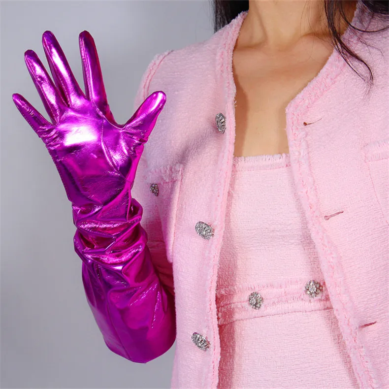 50cm Patent Leather Long Gloves Big Sleeve Lantern Sleeve Emulation Leather Bright Leather Bright Rose Red Female WPU12-50W