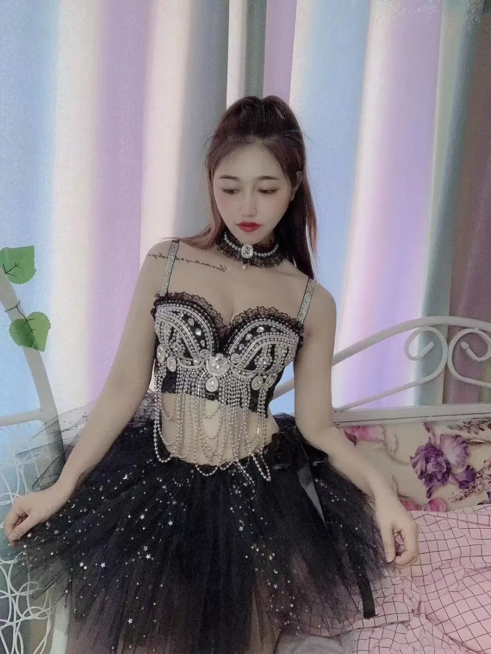Shining Silver Rhinestones Beading Black Lace Bra Tutu Skirt Women's Evening Dance Female Singer Nightclub Bar Outfit Set