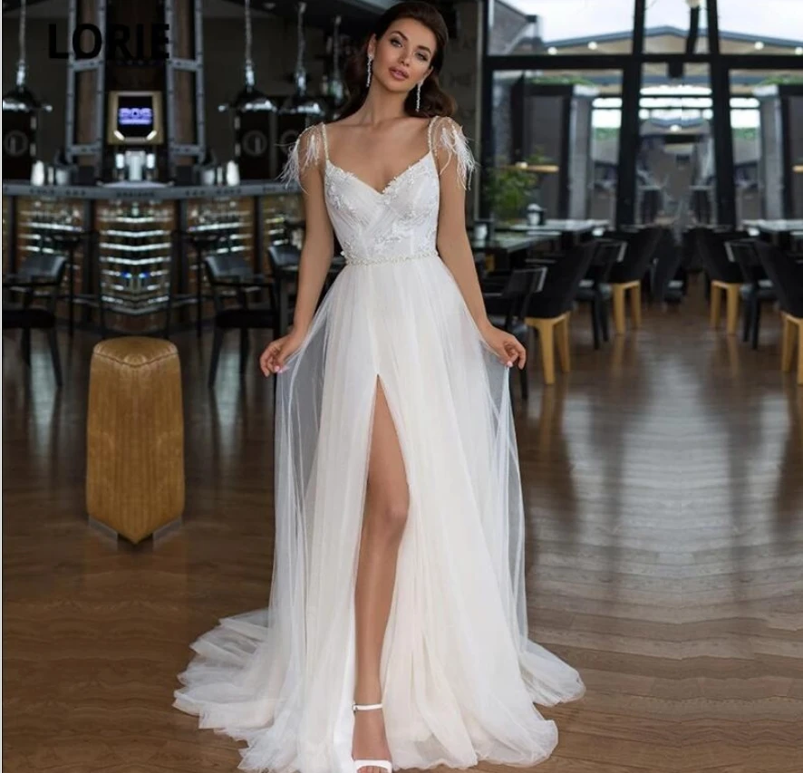 Tulle  Wedding Dresses 2022 With Slit V Neck Bridal Dresses For Women Custom Made Sleeveless Backless Robe De Soirée De Mariage traditional wedding dresses