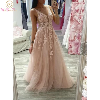 

Pink Tulle Prom Dresses 2020 Lace Applique Beads V Neck Sleeveless A Line Sweep Train Evening Gowns Formal Party Gowns Customize