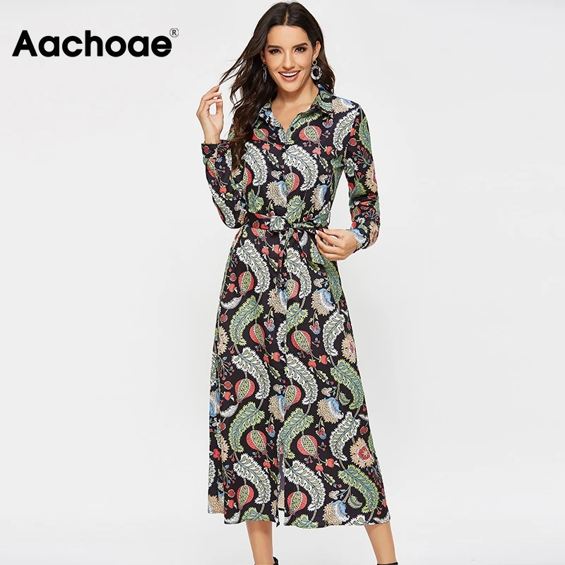 Aachoae Women Casual Printed Shirt Dress 2020 Vintage Long Sleeve Bandage Dresses Female Office Turn Down Collar Dress Vestidos Aachoae Women Casual Printed Shirt Dress 2020 Vintage Long Sleeve Bandage Dresses Female Office Turn Down Collar Dress Vestidos