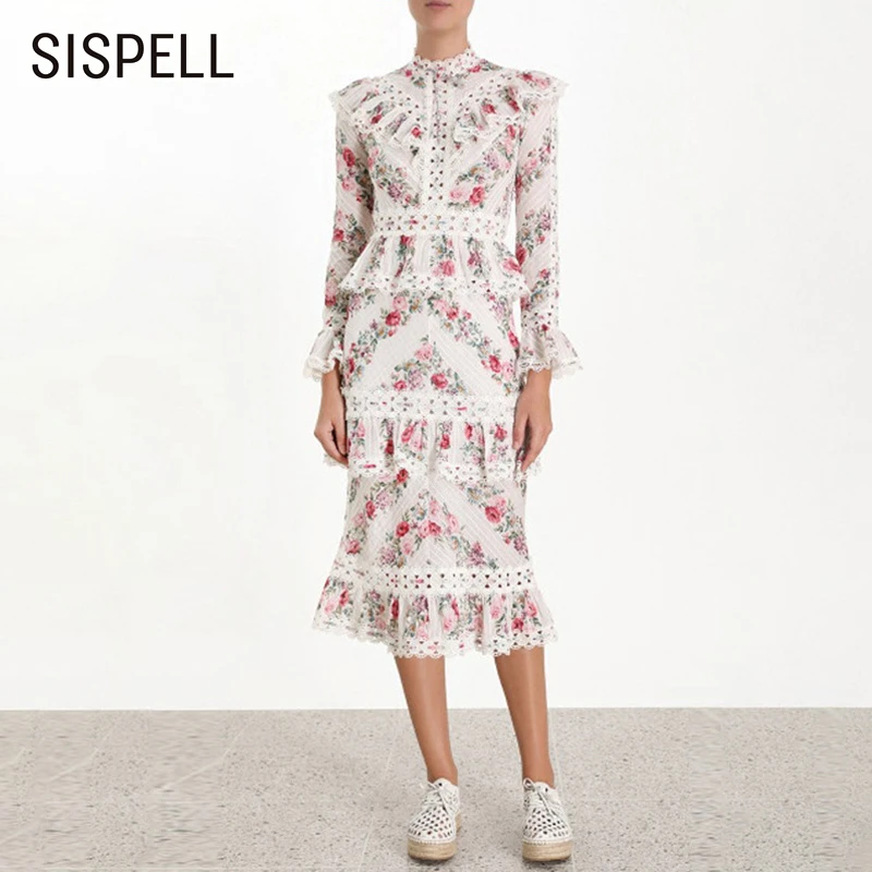 

SISPELL Vintage Print Hollow Out Women Dresses Fashion New Stand Collar Flare Sleeve High Waist A Line Dress Female 2019 Autumn