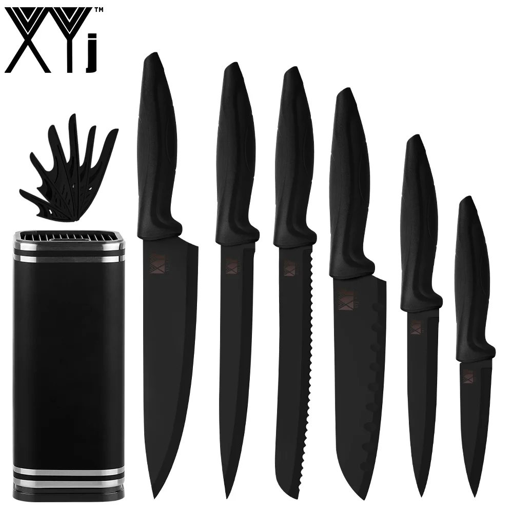 全黑色塑料尖尾柄6件套+8寸大号黑色橡塑钢筒刀座