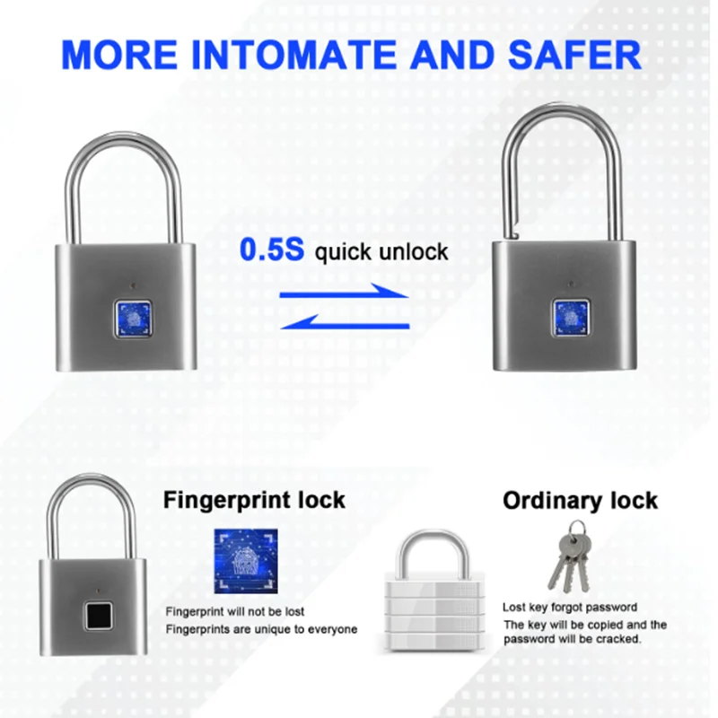 Intelligent Fingerprint Password Stainless Steel Padlock Automatic Password Luggage Case Multi-Purpose Padlock 40mm Intelligent Fingerprint Password Stainless Steel Padlock Automatic Password Luggage Case Multi-Purpose Padlock 40mm