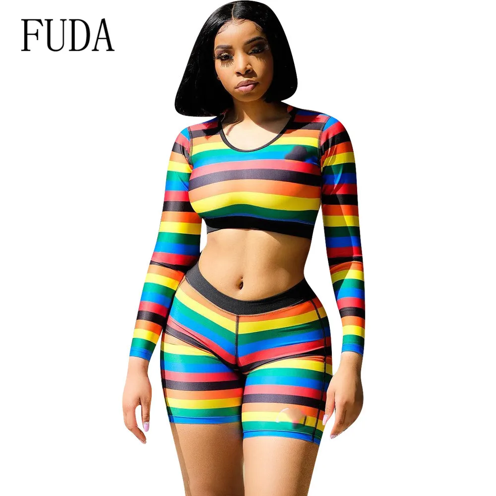 

FUDA Two Pieces Sets Rainbow Print Striped Vintgae Bodycon Jumpsuits Elelgant Long Sleeve O-neck Casual Women Retro Playsuits