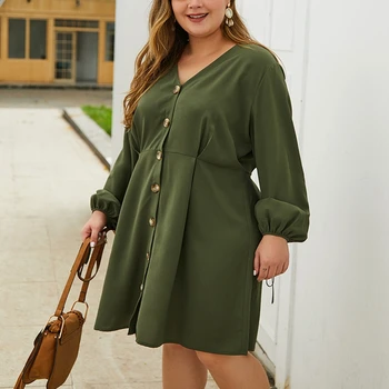 

Autumn large size dress women's 5XL 6XL 7XL 8XL 9XL bust 142CM sexy V-neck single row button solid color long sleeve