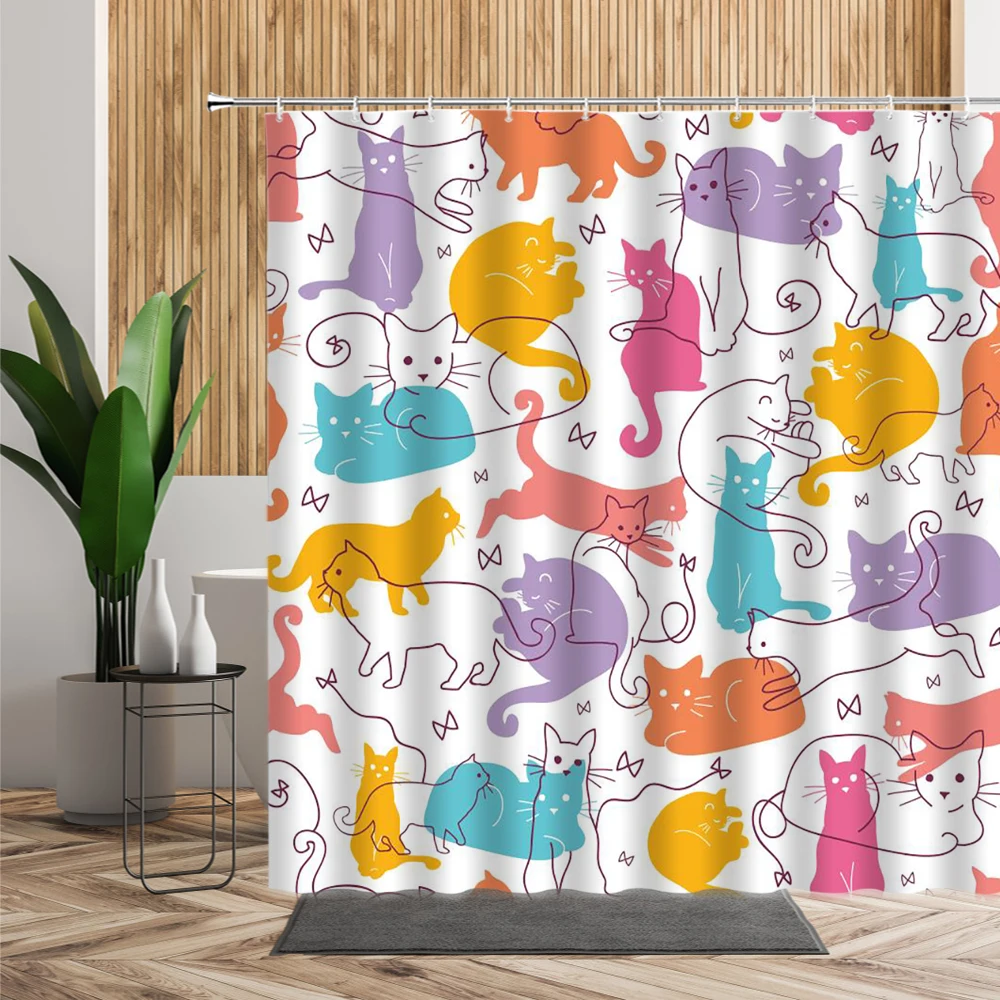 

Cartoon Cat Shower Curtain Set Lovely Cute Cats Animal Kids Bathroom Decor Waterproof Child Bath Cloth Home Curtains Accessories