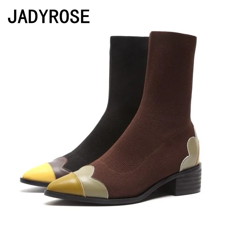 

Brown Elastic Women Short Boots Pointed Toe Flat Heels Autumn Booties Fashion Sock Botines Mujer Black Winter Botas Femininos