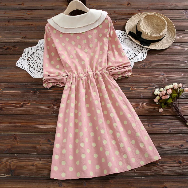 2020 Japanese Preppy Style Spring Autumn Women Cute Dress Polka Dot Cotton Sweet Dress Double-Layered Collar Pink Apricot Dress