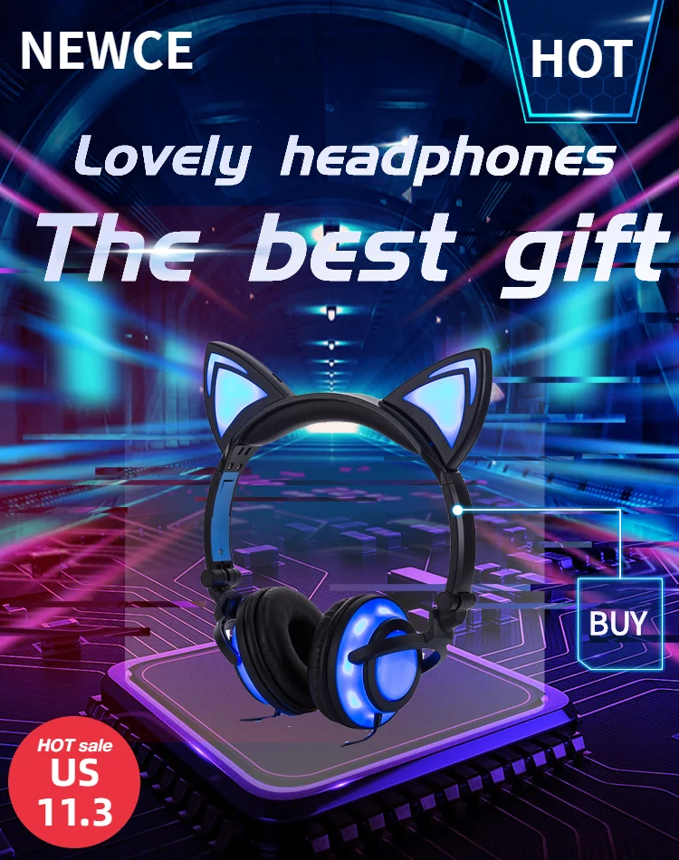 

NEWCE 3.5mm Stereo Cat Ear Headphones Flashing Glowing Cat Ear Headphones Gaming Headset Earphone 7 Colors LED light