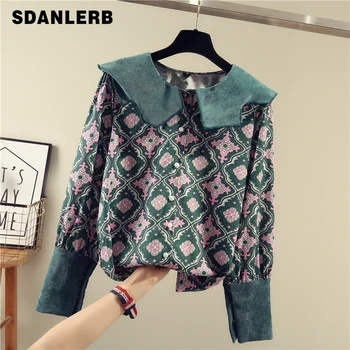 

2019 autumn Woman New Fashion Lotus Leaf Collar Blouse Long Sleeves Broken Flowers Print Shirt Ladies Tops Blusas Top