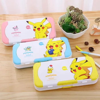 

deli stationery box Pikachu cartoon storage box student cute large capacity multi function three-layer pencil box with ruler