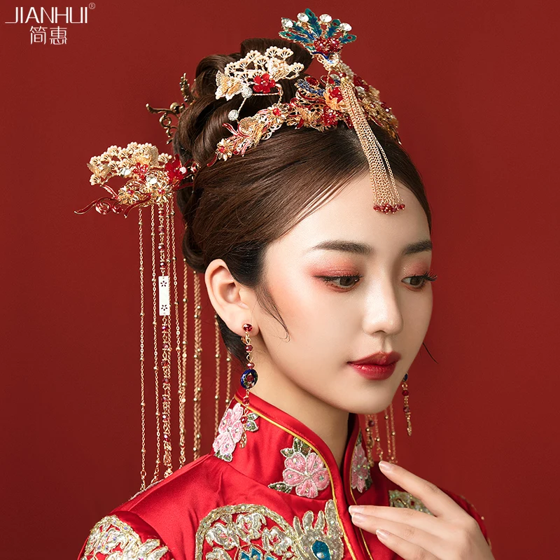 Набор hanfu китайская Невеста винтажная кисточка Золотой Феникс ручной работы заколка для волос Корона аксессуары Головные уборы для косплея