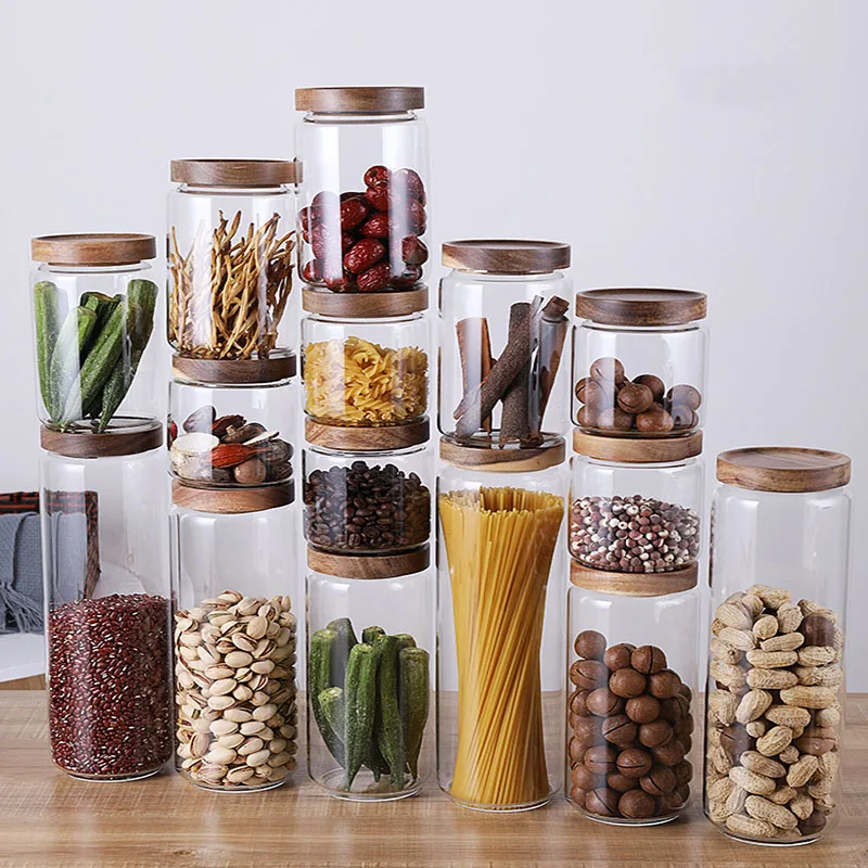 

Bamboo Lid Glass Jars Kitchen Storage Container Multipurpose Spices Candy Sugar Coffee Bean Airtight Canister Storage Bottles