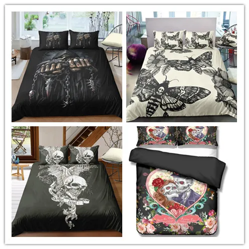 

3D Butterfly Printing Skull Bedding Set Duvet Cover Set Gothic Bedclothes Vintage Home Textiles 2/3 Piece Suits