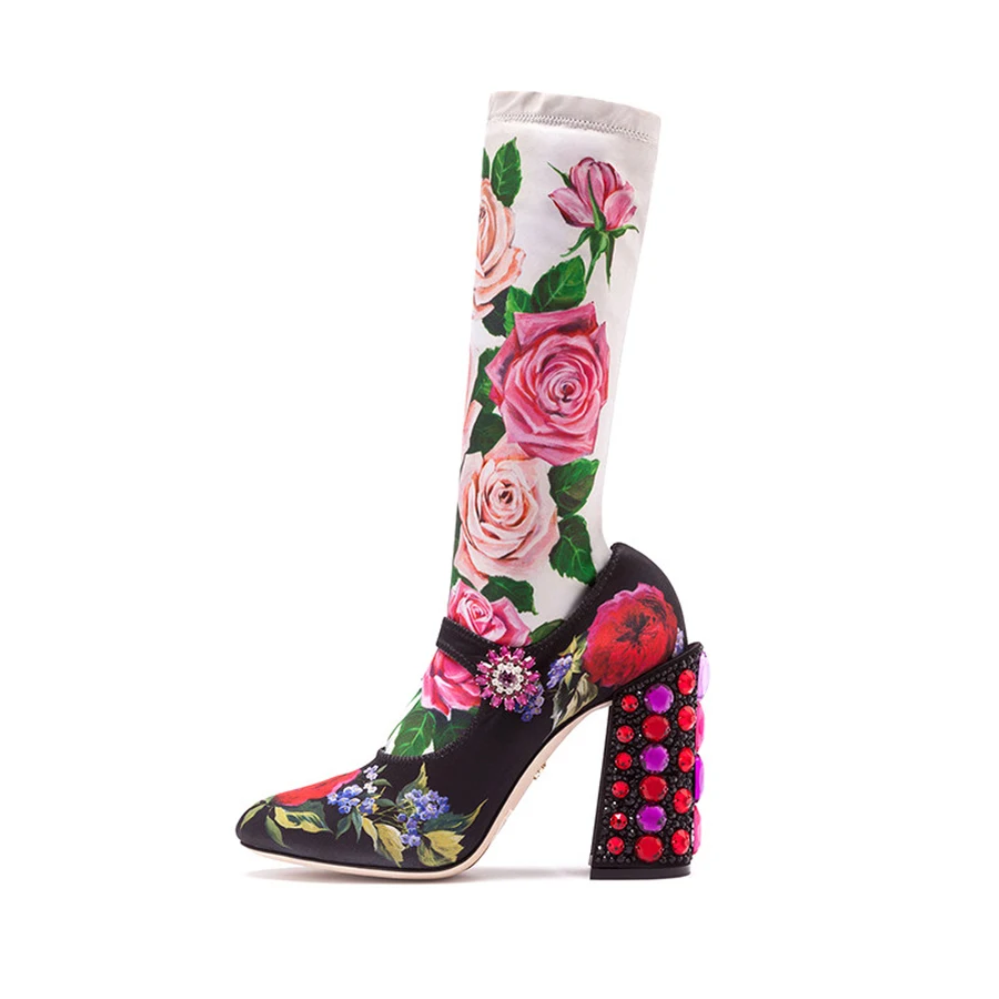 Prova Perfetto/Роскошные эластичные ботинки со стразами на каблуке с цветочным принтом; женские вечерние туфли с пряжкой и ремешком с круглым носком для подиума