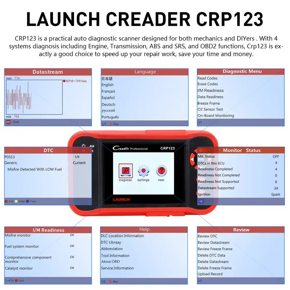 Launch Creader Crp123 OBD 2 диагностический инструмент для ABS/SRS/коробка передач/система двигателя OBD2 считыватель кода launch crp123 PK NT650 Creade 8