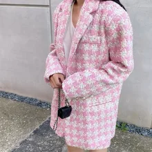 

2022 Spring Fall Chic Tweed Houndstooth Two-Piece Suit Elegant Blazer Jacket Outwear+Mini Short Skirt Ladies Streetwear Suit