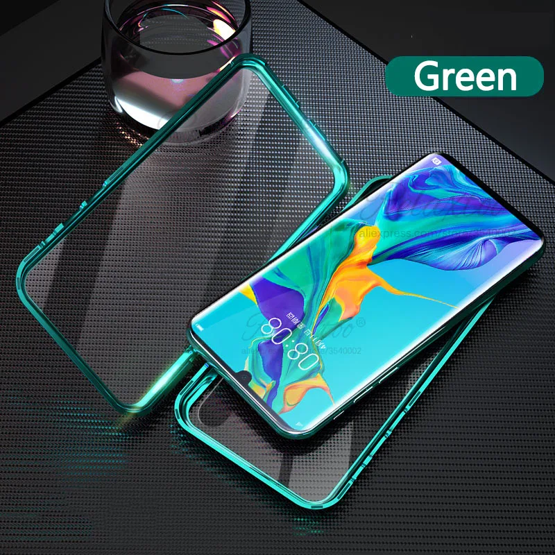 Green Магнитные поглощающие металлические флип-чехлы для huawei p30 lite pro, задняя крышка для телефона, двухстороннее стекло p 30 p30lite p30pro, Броня couqe - Цвет: Green