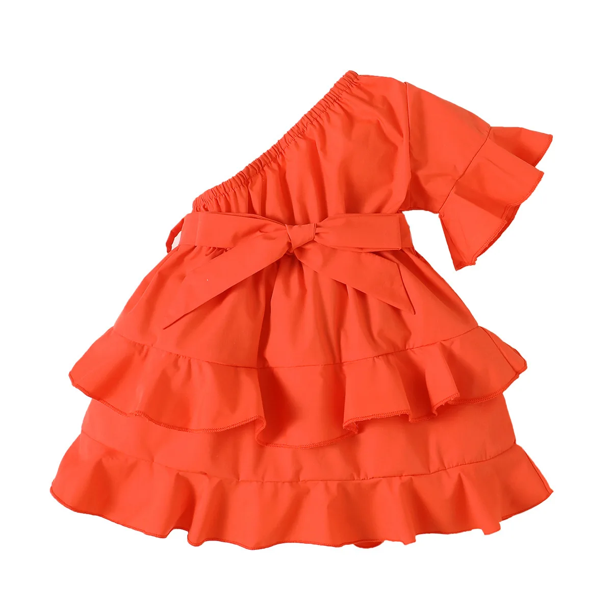 fancy baby dresses Toddler Kids Girls Summer Casual Dresses One Shoulder Solid Belt Bowknot Layered Dress Sundress Clothes Drop Shipping cute baby dresses online Dresses