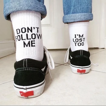 

2020 Black White Cotton Socks AB Side Don't Follow Me I'm Lost too Creative Unisex Women Men Casual Socks Daily