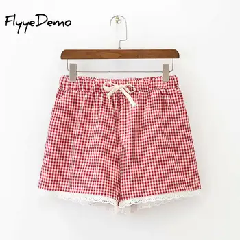

2020 Summer New Lace Fashion Women Plaid Shorts Casual Loose Elastic Waist All-match Summer Cotton Short Pants Plus Size 4XL