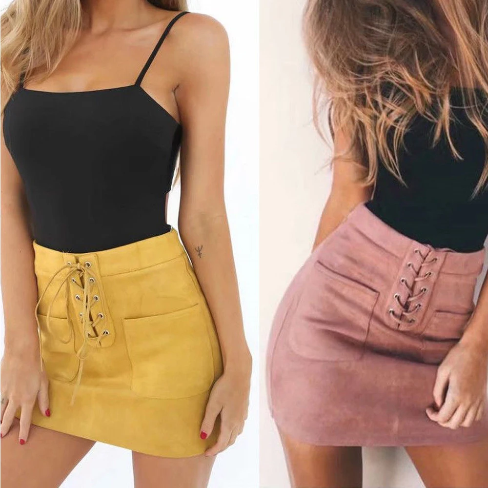 Women Leather Suede Pencil Skirts Short High Waist Bandage Solid Bandcon Sexy Party Wear Mini Skirts Slim Outwear For Women