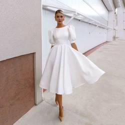 Pukguro Short Wedding Dress for Bride A Line Satin Short Puff Sleeves Sexy Open Back Wedding Party Gown Vestidos De Noiva Custom