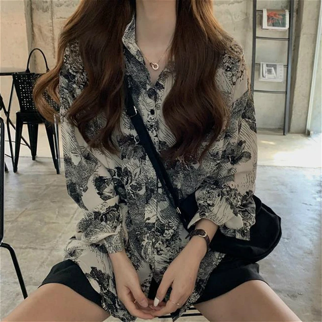 Blouses Women Vintage Chic BF High Street Harajuku Print Teens Shirts All match Popular Casual Long