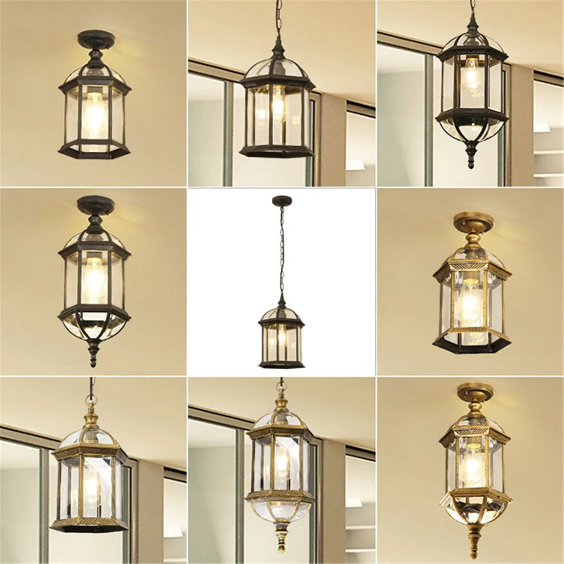 Black Rustic 10W E27 Outdoor Hanging Lantern Light with Clear Beveled Glass Semi Flush Mount Light Fixture for Porch,Entry 1set european luxury brass door lock villa entrance door lock outdoor entry gate door handle real dummy double door locks gf1055