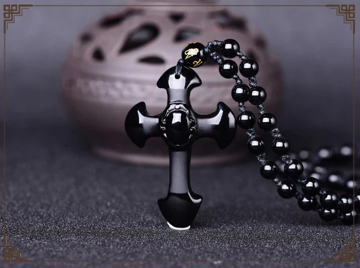 Натуральный черный обсидиановый крест ожерелье кулон крест Иисуса нефрита кулон счастливые Подвески с цепочкой нефритовые ювелирные изделия - Цвет камня: with beads chain