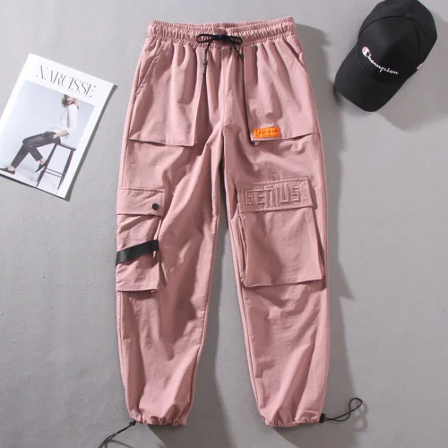pink pants Woherb/брюки-карго с высокой талией и карманами; женские повседневные свободные брюки с буквенным принтом и завязками; Новинка 91470 года - Цвет: pink pants