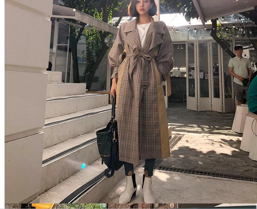 

Coats Female Plaid Joint Windbreaker Slit Girls Puff Sleeve Coat Lace-up