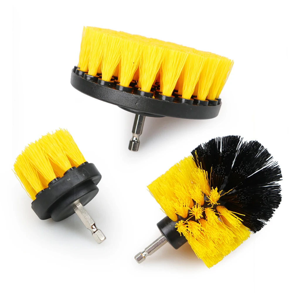 Yellow 3pcs 2 Drill Cleaning Brush Sets For Car Household