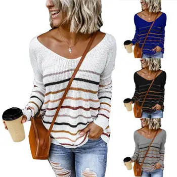 

Casual Women Autumn Winter Long Sleeve V Neck Stripes Loose Knitted Sweater