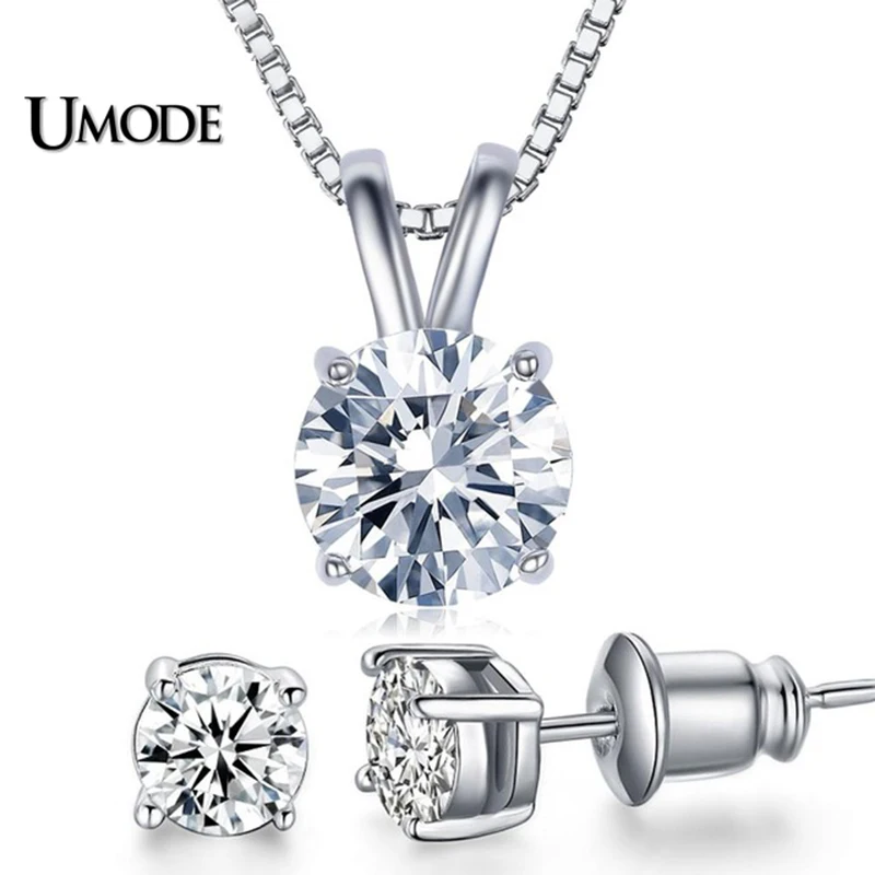 

UMODE Classic Permanent 2ct Solitaire Hearts andRound 8.0mm Cubic zirconia AAA+ CZ Pendant Necklace UN0047+UE0142